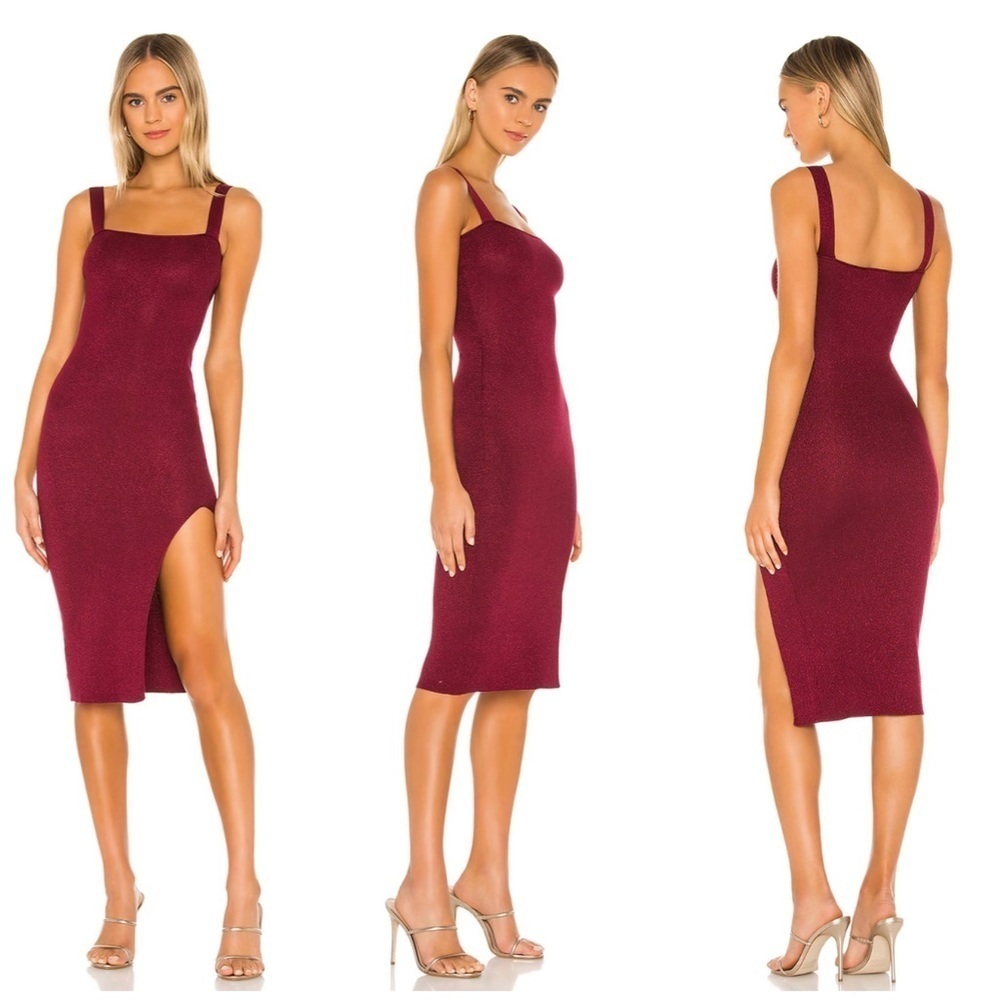 Superdown Zoe Square Neck Dress in Metallic Burgundy Size M